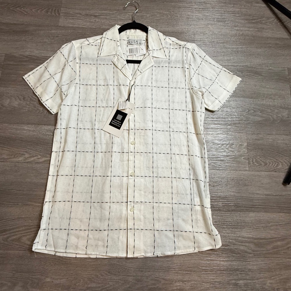 Ike Behar Mens Linen Blend Windowpane Short Sleeve Shirt White Black S NEW